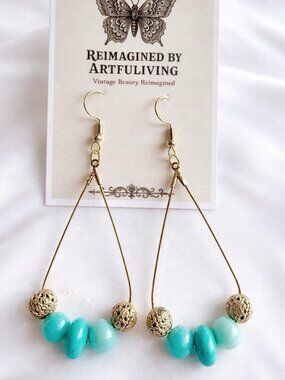 REIMAGINED Variscite Teardrop Dangle Earrings 3” Gold Tone Filigree Boho